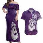 New Zealand Matariki Couples Matching Off Shoulder Maxi Dress and Hawaiian Shirt Maori Manaia Galaxy Silver Fern Purple Color