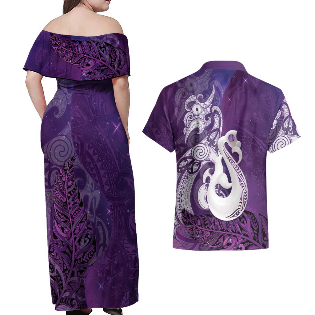 New Zealand Matariki Couples Matching Off Shoulder Maxi Dress and Hawaiian Shirt Maori Manaia Galaxy Silver Fern Purple Color