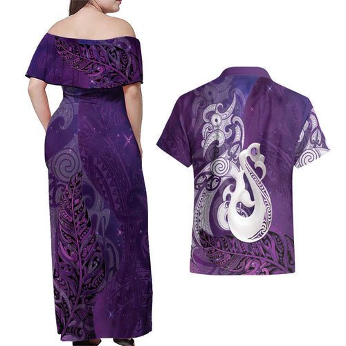 New Zealand Matariki Couples Matching Off Shoulder Maxi Dress and Hawaiian Shirt Maori Manaia Galaxy Silver Fern Purple Color