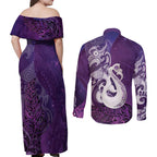 New Zealand Matariki Couples Matching Off Shoulder Maxi Dress and Long Sleeve Button Shirt Maori Manaia Galaxy Silver Fern Purple Color