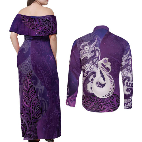 New Zealand Matariki Couples Matching Off Shoulder Maxi Dress and Long Sleeve Button Shirt Maori Manaia Galaxy Silver Fern Purple Color