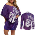 New Zealand Matariki Couples Matching Off Shoulder Short Dress and Long Sleeve Button Shirt Maori Manaia Galaxy Silver Fern Purple Color