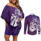 New Zealand Matariki Couples Matching Off Shoulder Short Dress and Long Sleeve Button Shirt Maori Manaia Galaxy Silver Fern Purple Color