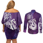 New Zealand Matariki Couples Matching Off Shoulder Short Dress and Long Sleeve Button Shirt Maori Manaia Galaxy Silver Fern Purple Color