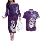 New Zealand Matariki Couples Matching Off The Shoulder Long Sleeve Dress and Hawaiian Shirt Maori Manaia Galaxy Silver Fern Purple Color