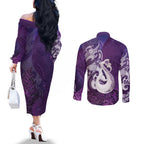 New Zealand Matariki Couples Matching Off The Shoulder Long Sleeve Dress and Long Sleeve Button Shirt Maori Manaia Galaxy Silver Fern Purple Color