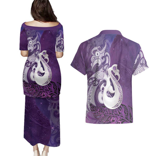 New Zealand Matariki Couples Matching Puletasi and Hawaiian Shirt Maori Manaia Galaxy Silver Fern Purple Color