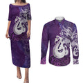 New Zealand Matariki Couples Matching Puletasi and Long Sleeve Button Shirt Maori Manaia Galaxy Silver Fern Purple Color