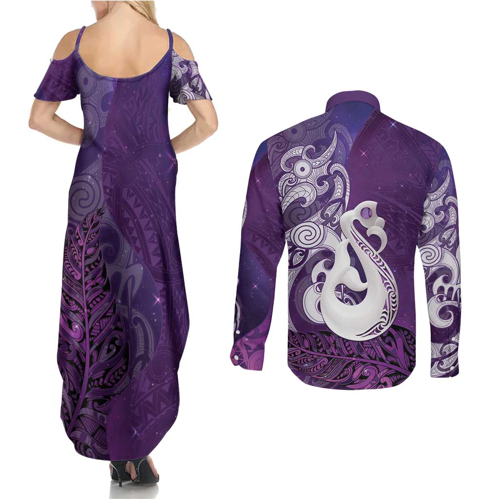 New Zealand Matariki Couples Matching Summer Maxi Dress and Long Sleeve Button Shirt Maori Manaia Galaxy Silver Fern Purple Color