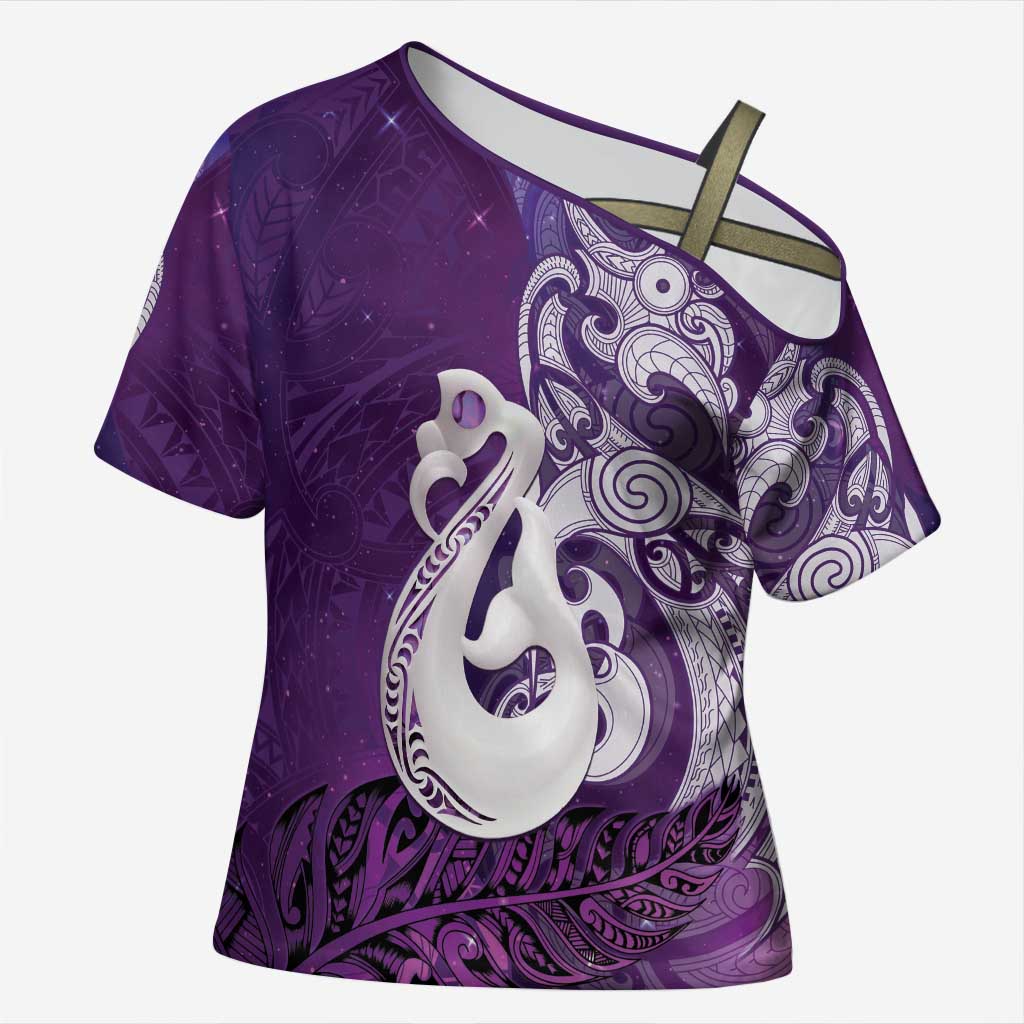 New Zealand Matariki Cross Shoulder Shirt Maori Manaia Galaxy Silver Fern Purple Color