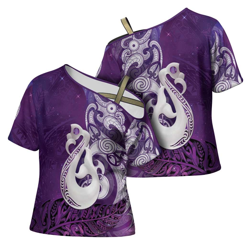 New Zealand Matariki Cross Shoulder Shirt Maori Manaia Galaxy Silver Fern Purple Color