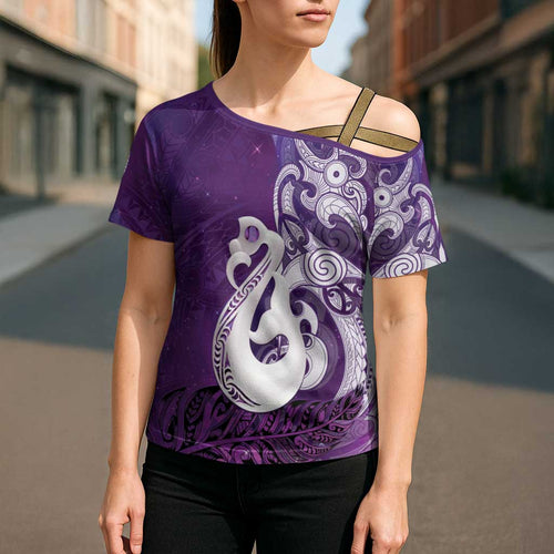 New Zealand Matariki Cross Shoulder Shirt Maori Manaia Galaxy Silver Fern Purple Color