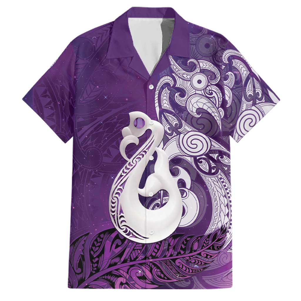 New Zealand Matariki Family Matching Long Sleeve Bodycon Dress and Hawaiian Shirt Maori Manaia Galaxy Silver Fern Purple Color