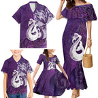 New Zealand Matariki Family Matching Mermaid Dress and Hawaiian Shirt Maori Manaia Galaxy Silver Fern Purple Color