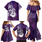 New Zealand Matariki Family Matching Mermaid Dress and Hawaiian Shirt Maori Manaia Galaxy Silver Fern Purple Color