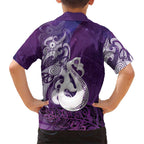 New Zealand Matariki Family Matching Off The Shoulder Long Sleeve Dress and Hawaiian Shirt Maori Manaia Galaxy Silver Fern Purple Color