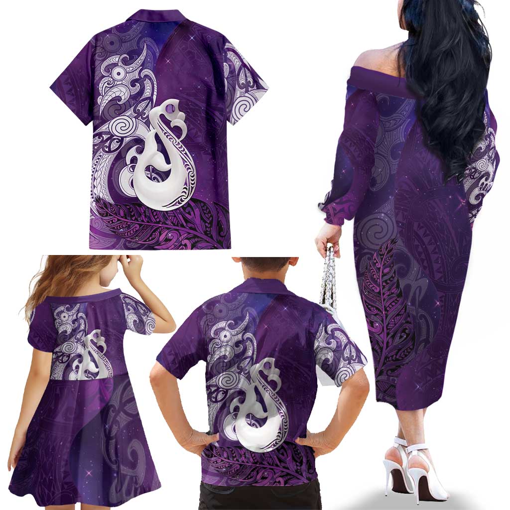 New Zealand Matariki Family Matching Off The Shoulder Long Sleeve Dress and Hawaiian Shirt Maori Manaia Galaxy Silver Fern Purple Color