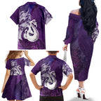 New Zealand Matariki Family Matching Off The Shoulder Long Sleeve Dress and Hawaiian Shirt Maori Manaia Galaxy Silver Fern Purple Color