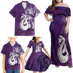 New Zealand Matariki Family Matching Off Shoulder Maxi Dress and Hawaiian Shirt Maori Manaia Galaxy Silver Fern Purple Color