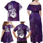 New Zealand Matariki Family Matching Off Shoulder Maxi Dress and Hawaiian Shirt Maori Manaia Galaxy Silver Fern Purple Color