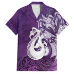 New Zealand Matariki Family Matching Off Shoulder Short Dress and Hawaiian Shirt Maori Manaia Galaxy Silver Fern Purple Color