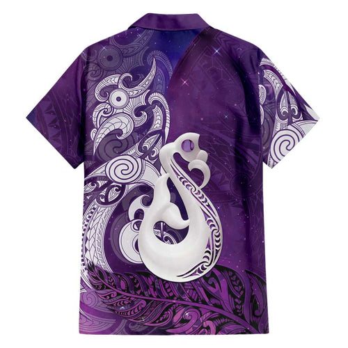 New Zealand Matariki Family Matching Off Shoulder Short Dress and Hawaiian Shirt Maori Manaia Galaxy Silver Fern Purple Color