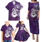 New Zealand Matariki Family Matching Puletasi and Hawaiian Shirt Maori Manaia Galaxy Silver Fern Purple Color