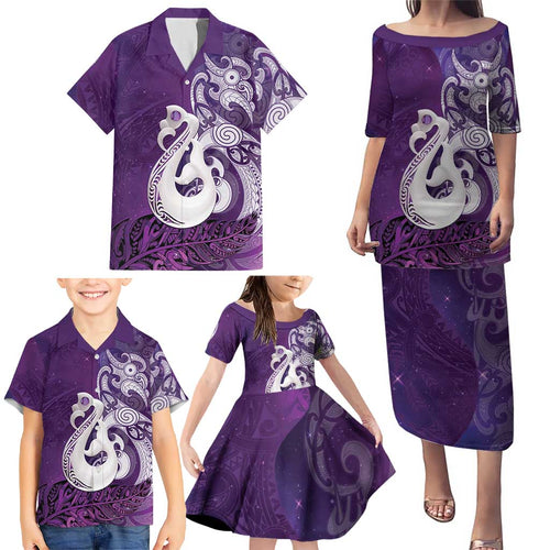 New Zealand Matariki Family Matching Puletasi and Hawaiian Shirt Maori Manaia Galaxy Silver Fern Purple Color