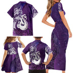 New Zealand Matariki Family Matching Short Sleeve Bodycon Dress and Hawaiian Shirt Maori Manaia Galaxy Silver Fern Purple Color