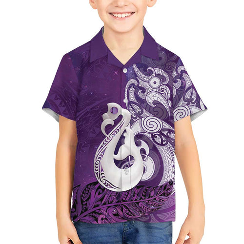 New Zealand Matariki Family Matching Short Sleeve Bodycon Dress and Hawaiian Shirt Maori Manaia Galaxy Silver Fern Purple Color