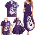 New Zealand Matariki Family Matching Summer Maxi Dress and Hawaiian Shirt Maori Manaia Galaxy Silver Fern Purple Color