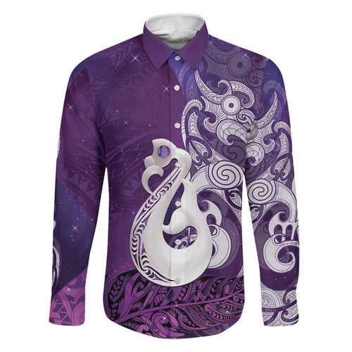 New Zealand Matariki Family Matching Summer Maxi Dress and Hawaiian Shirt Maori Manaia Galaxy Silver Fern Purple Color