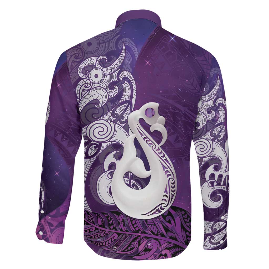 New Zealand Matariki Family Matching Summer Maxi Dress and Hawaiian Shirt Maori Manaia Galaxy Silver Fern Purple Color