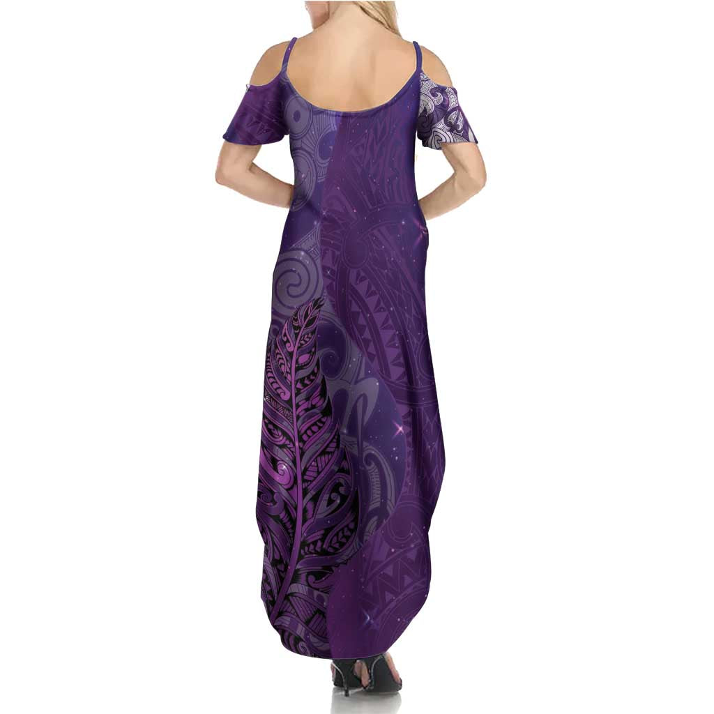 New Zealand Matariki Family Matching Summer Maxi Dress and Hawaiian Shirt Maori Manaia Galaxy Silver Fern Purple Color