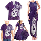 New Zealand Matariki Family Matching Tank Maxi Dress and Hawaiian Shirt Maori Manaia Galaxy Silver Fern Purple Color