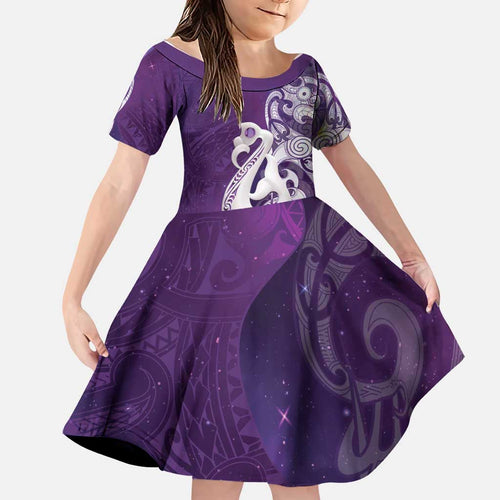 New Zealand Matariki Family Matching Tank Maxi Dress and Hawaiian Shirt Maori Manaia Galaxy Silver Fern Purple Color
