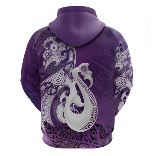 New Zealand Matariki Hoodie Maori Manaia Galaxy Silver Fern Purple Color