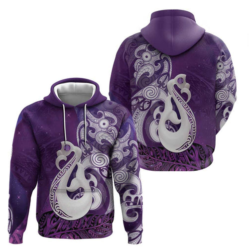 New Zealand Matariki Hoodie Maori Manaia Galaxy Silver Fern Purple Color