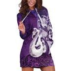 New Zealand Matariki Hoodie Dress Maori Manaia Galaxy Silver Fern Purple Color