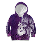 New Zealand Matariki Kid Hoodie Maori Manaia Galaxy Silver Fern Purple Color