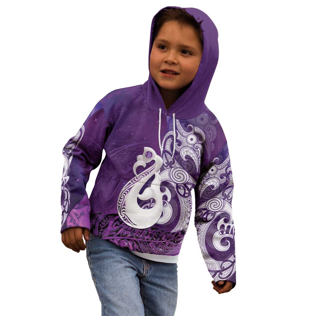 New Zealand Matariki Kid Hoodie Maori Manaia Galaxy Silver Fern Purple Color