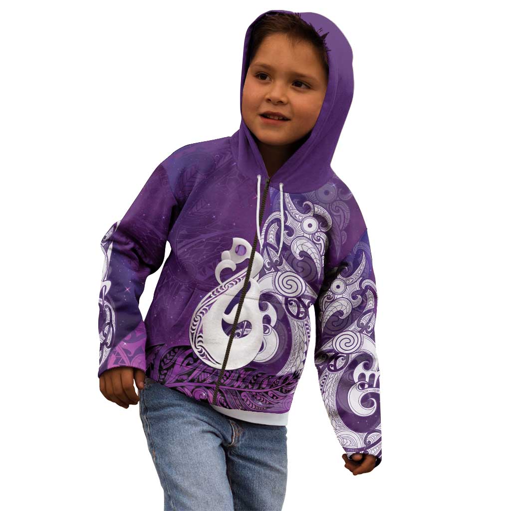 New Zealand Matariki Kid Hoodie Maori Manaia Galaxy Silver Fern Purple Color