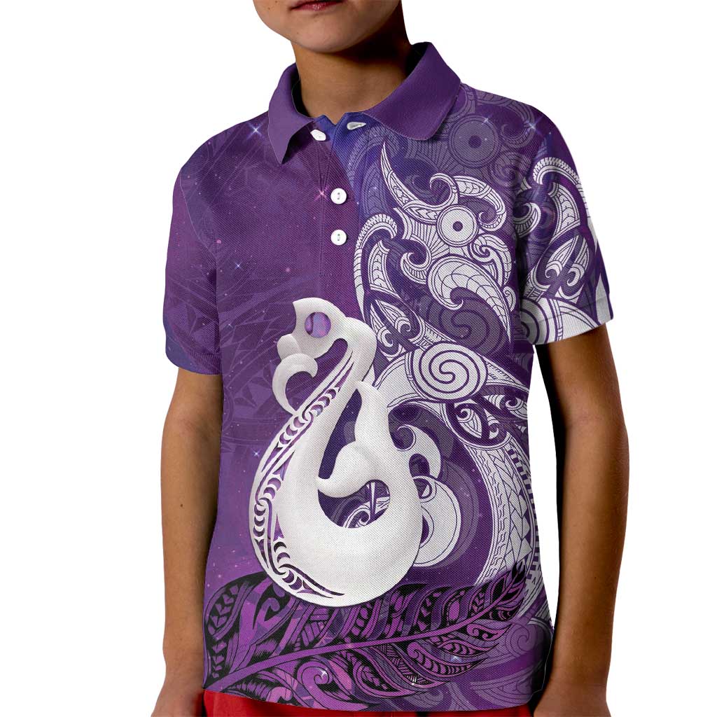 New Zealand Matariki Kid Polo Shirt Maori Manaia Galaxy Silver Fern Purple Color
