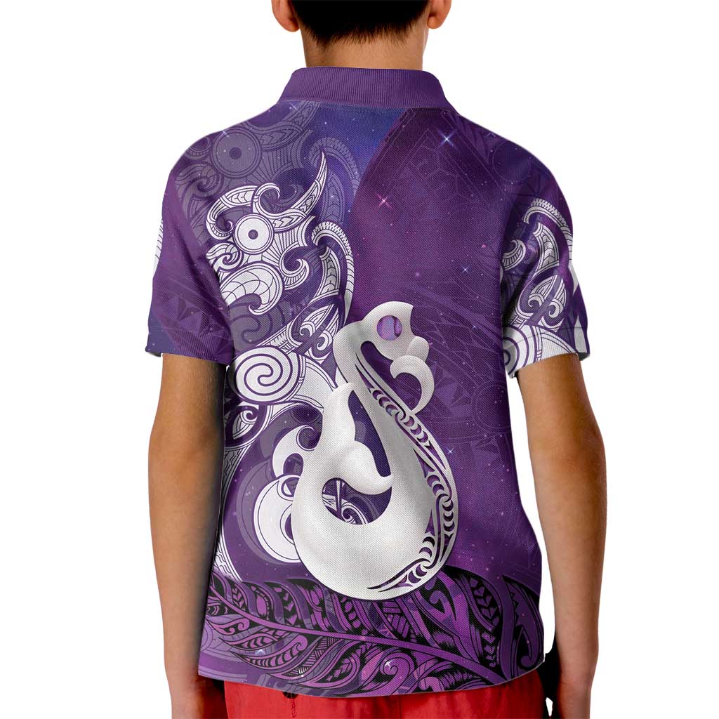 New Zealand Matariki Kid Polo Shirt Maori Manaia Galaxy Silver Fern Purple Color