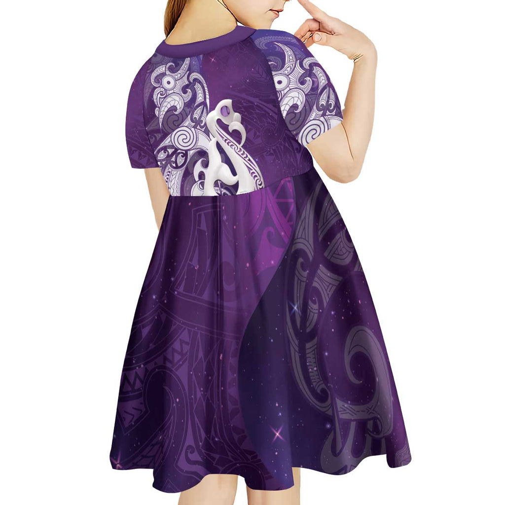 New Zealand Matariki Kid Short Sleeve Dress Maori Manaia Galaxy Silver Fern Purple Color