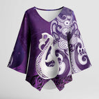 New Zealand Matariki Kimono Sleeve Blouse Maori Manaia Galaxy Silver Fern Purple Color