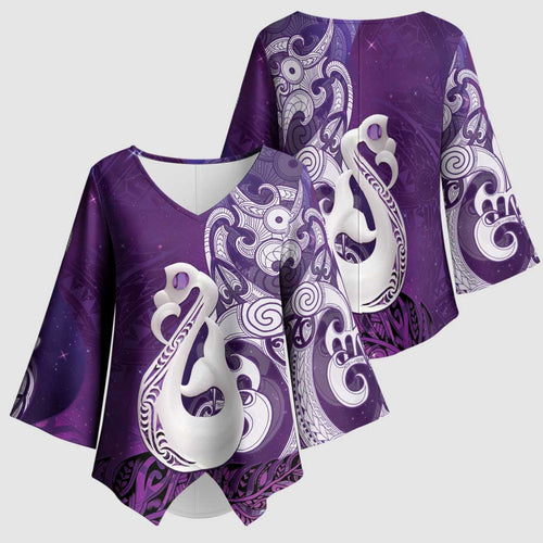 New Zealand Matariki Kimono Sleeve Blouse Maori Manaia Galaxy Silver Fern Purple Color