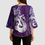 New Zealand Matariki Kimono Sleeve Blouse Maori Manaia Galaxy Silver Fern Purple Color