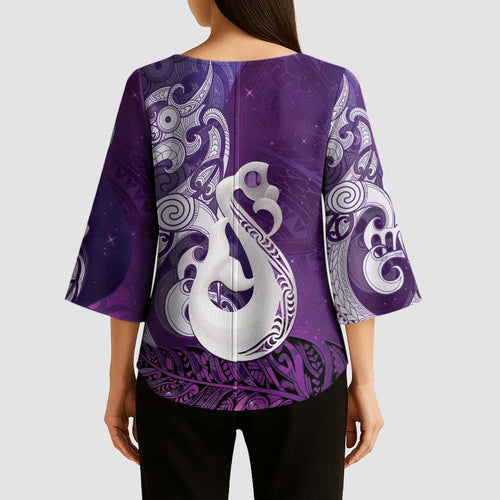 New Zealand Matariki Kimono Sleeve Blouse Maori Manaia Galaxy Silver Fern Purple Color