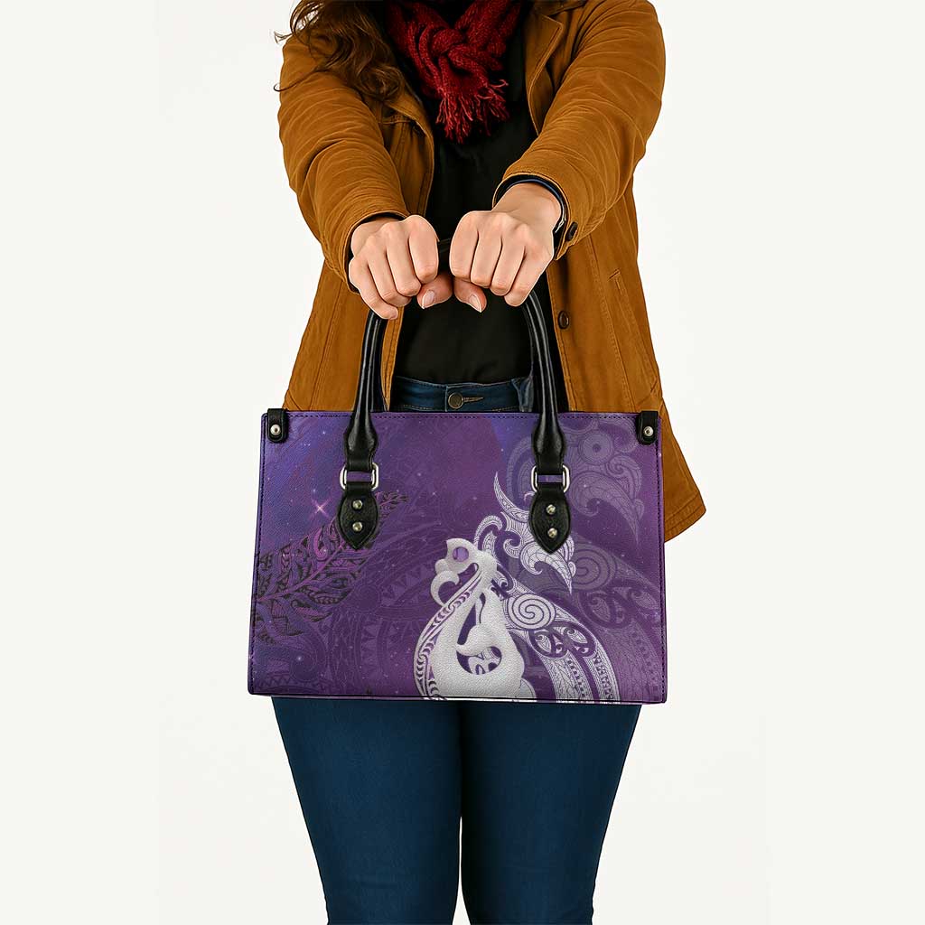 New Zealand Matariki Leather Bag Maori Manaia Galaxy Silver Fern Purple Color